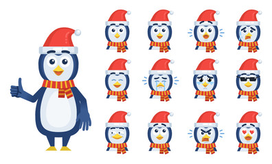 Set of penguin emoticons. Christmas penguin avatars showing different facial expressions. Happy, sad, cry, laugh, tired, serious, angry, in love, smile, think and other emotions. Vector illustration