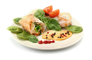 Plate with tasty fried spring rolls on white background