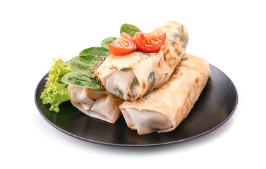 Plate with tasty fried spring rolls on white background