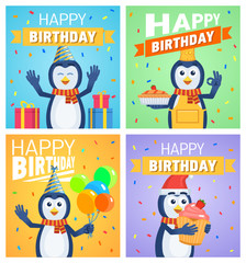 Fototapeta premium Set of different birthday posters. Birthday greeting card, placard. Cheerful penguin holding balloons, cake, pie, cupcake. Birthday celebration. Flat vector illustration