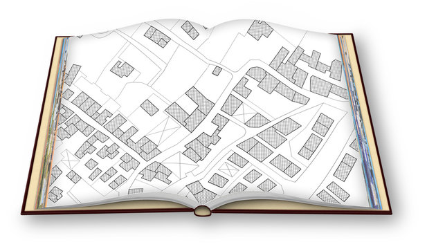 Hand drawing an imaginary cadastral map of territory with buildings and roads - 3D render concept image of an opened photo book isolated on white