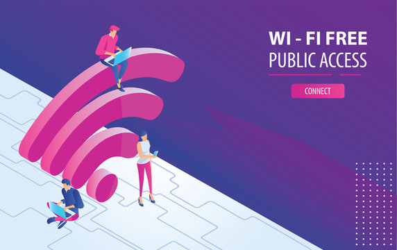 Isometric People working on laptops sitting on a big wifi sign in the free internet zone. Free wifi hotspot, public assess zone, portabe device concept background. Vector 3d Illustration, landing page