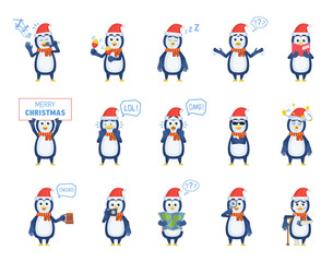 Fototapeta premium Big set of penguin characters posing in different situations. Cheerful penguin karaoke singing, dancing, sleeping, holding Christmas banner, map, book and doing other actions. Flat vector illustration