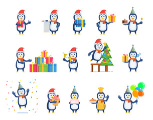 Obraz na płótnie Canvas Big set of penguin characters posing in different situations. Cheerful penguin holding gift, cake, pie, cupcake, balloons, decorating Christmas tree and doing other actions. Flat vector illustration