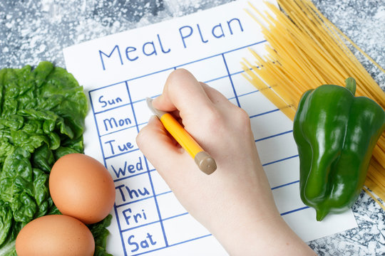 Inscription Meal Plan, Schedule On White Sheet And Whriting Hand. View From Above