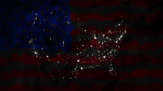 Waving usa flag as a cloud background and approaching city lights as a star constellation map of United States.