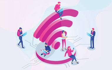 Isometric People working on laptops sitting on a big wifi sign in the free internet zone. Free wifi hotspot, public assess zone, portabe device concept background. Vector 3d Illustration - Vector - obrazy, fototapety, plakaty