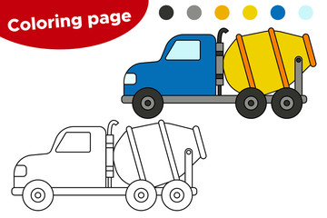 Coloring page for kids. Cartoon cement mixing truck. Preschool educational game. Vector concrete mixer car.