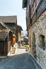 Fototapeta na wymiar Werdenberg, SG / Switzerland - March 31, 2019: Werdenberg village with historic and traditional buildings and architecture details
