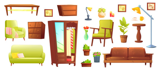 Living or bedroom object set with leather sofa and wooden shelf with frame and books. Stylish furniture - a lamp and a vase and a table. Vector cartoon illustration
