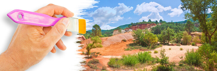 Particular French landscape, in the provence region, called Colorado Provencal with its ocher, yellow and red earth (Europe-France-Provence) - concept image