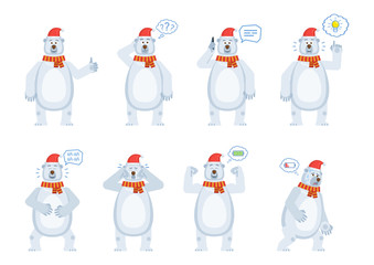 Set of Christmas polar bear characters posing in different situations. Cheerful bear talking on phone, thinking, pointing up, laughing, crying, tired, full of energy. Flat style vector illustration