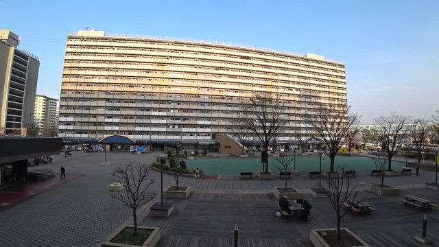 OJI,  TOKYO,  JAPAN - CIRCA APRIL 2019 : Scenery of RESIDENTIAL APARTMENT area in SUNSET at Oji city.  This area is famous for HUGE APARTMENT BUILDINGS in Tokyo.