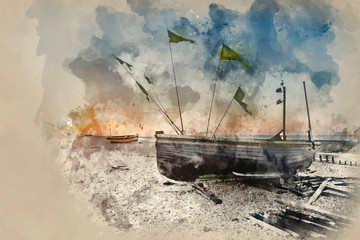 Watercolour painting of Landscape image of small fishing boats on beach at sunrise in Spring