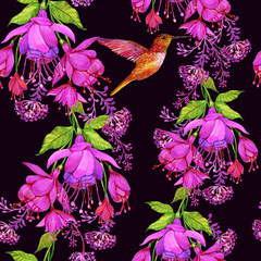Seamless pattern floral background with exotic flowers and Hummingbird birds,watercolor illustration
