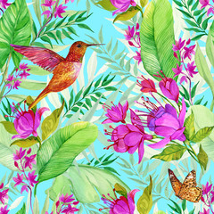 Fototapeta na wymiar Seamless pattern floral background with exotic flowers and Hummingbird birds,watercolor illustration