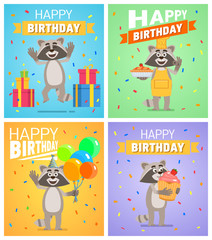 Set of different birthday posters. Birthday greeting card, placard. Cheerful cartoon raccoon character holding balloons, cake, pie, cupcake. Birthday celebration. Flat vector illustration