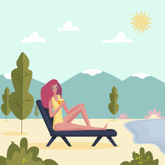 Obraz na płótnie Canvas Young woman lying on deckchair with cocktail. Girl enjoying on sunlounger. Vector illustration on summer vacation beach resort