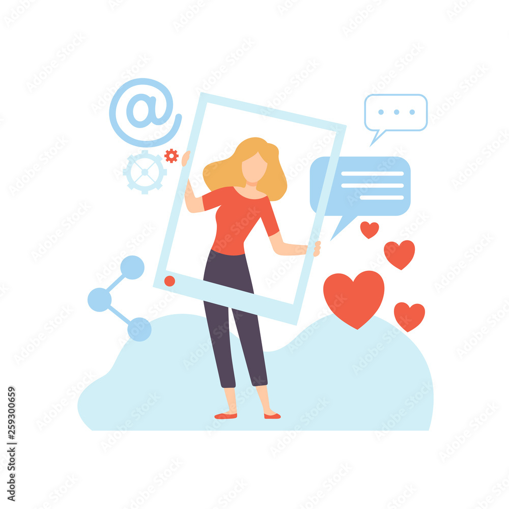 Poster woman blogger creating digital content, technology process of software development vector illustrati