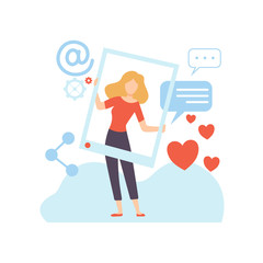 Woman Blogger Creating Digital Content, Technology Process of Software Development Vector Illustration