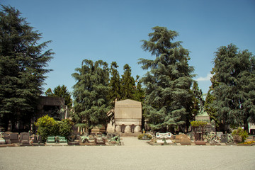 CHELYABINSK, RUSSIA - June 07,2017 Milan, Italy. Famous landmark - old grave at the Monumental Cemetery (Cimitero Monumentale). Religious art.