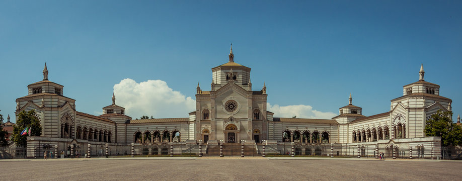 CHELYABINSK, RUSSIA - June 07,2017 Milan, Italy. Famous landmark - old grave at the Monumental Cemetery (Cimitero Monumentale). Famedio chapel at the Monumental Cemetery.