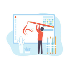 Man Creating Website, Digital Content Technology Process, Social Media Marketing Vector Illustration