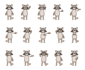 Set of cartoon raccoon showing diverse hand gestures. Funny raccoon pointing, greeting, showing thumb up, stop hand and other gestures. Simple vector illustration © paper_owl