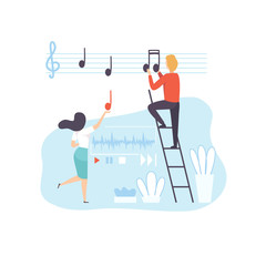 People Creating Musical Content, Technology Process of Software Development, Social Media Marketing Vector Illustration