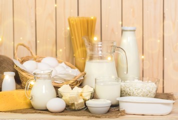 Dairy products collection on wooden table