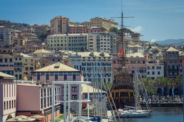 Galleon Neptun in Porto antico in Genoa, Italy. It is a ship replica of a 17th century Spanish galleon built in 1985 for Roman Polanski's film Pirates. © Evgeniy