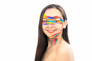 art emotional portrait Beauty Fashion Model Girl colorful face paint with flowing liquid paint makeup. isolated on white