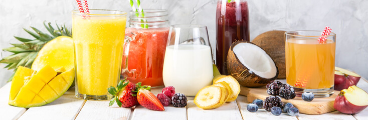 Fototapety  Selection of colourful smoothies in glasses with ingredients