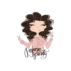 Brunette Hair Girl In Pink Pajamas Isolated On A White Background Pajama Party Hand Drawn Illustration