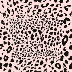 Leopard seamless pattern. Exotic wild animal skin. Safari print. Black and spots on a pink background. Skin of Cheetah, leopard, tiger. Fashionable, elegant, rich Animal abstract texture. vector illus