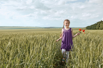 Naklejka na ściany i meble girl with red tulip flowers posing in the wheat field, bright sun, beautiful summer landscape