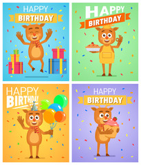 Set of different birthday posters. Birthday greeting card, placard. Cheerful reindeer holding balloons, cake, pie, cupcake. Birthday celebration. Flat vector illustration