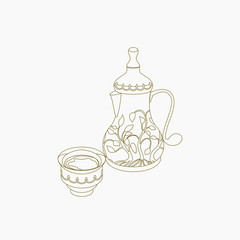 Editable Isolated Outline Style Arab Coffee in Patterned Bulbous Bottom Dallah Pot and Finjan Cup Vector Illustration for Cafe With Middle Eastern Culture Tradition and Islamic Moments Design