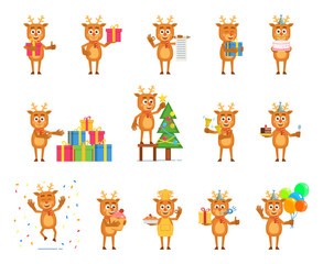 Big set of reindeer characters posing in different situations. Cheerful reindeer holding gift, cake, cupcake, pie, balloons, decorating Christmas tree and doing other actions. Flat vector illustration