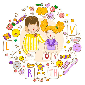 Concept speech therapy logo. School speech development. Cute childrens drawings icons in kavai style on the topic of speech therapy. Friendly speech and articulation classes
