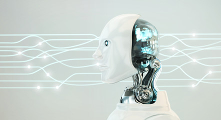 Cyber Robot AI Head Set with electrical light current background, 3D rendering.