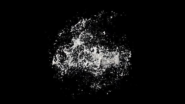 Milk splash explode from center around itself. hight resulotion for element. begin speed and slowly. With apha matte.