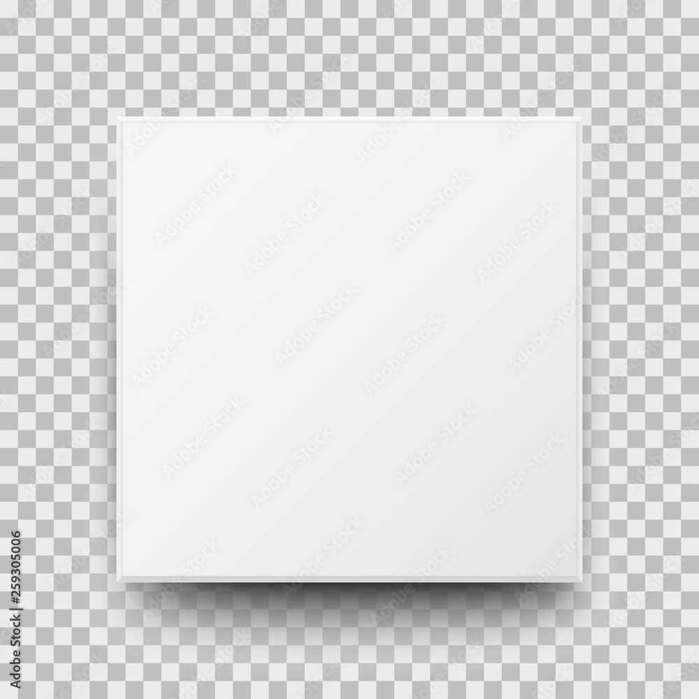 Poster realistic white box with shadow on transparent background. top view. blank package cardboard box. mo
