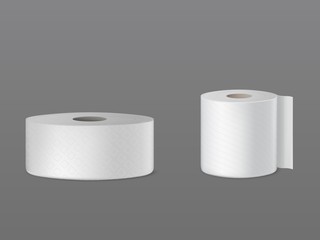 Perforated toilet paper rolls, disposable kitchen towels, wiper for dust cleaning 3d realistic vector isolated on white background. Household and hygiene accessory illustration