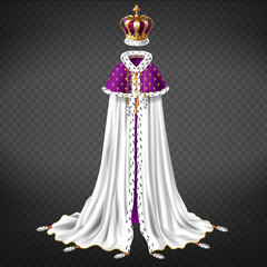 Royal ceremonial garment realistic vector with queen, king golden crown decorated gems, white cape and purple mantle with ermine fur and golden cord illustration isolated on transparent background