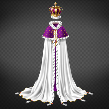 Royal ceremonial garment realistic vector with queen, king golden crown  decorated gems, white cape and purple mantle with ermine fur and golden  cord illustration isolated on transparent background Stock Vector | Adobe