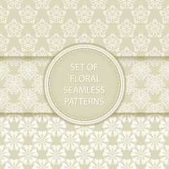 Olive green and white floral seamless backgrounds. Compilation of patterns