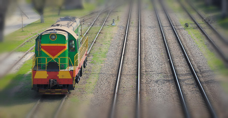 Shunting locomotive on railway station Sorting, descent of dissolution and formation of freight...