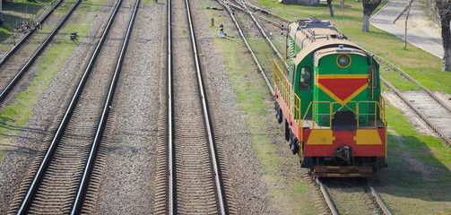 Shunting locomotive on railway station Sorting, descent of dissolution and formation of freight trains.