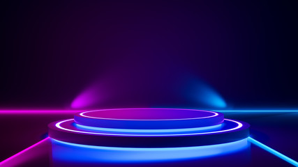 Circle stage and purple neon light, abstract  background, ultraviolet concept, 3d render